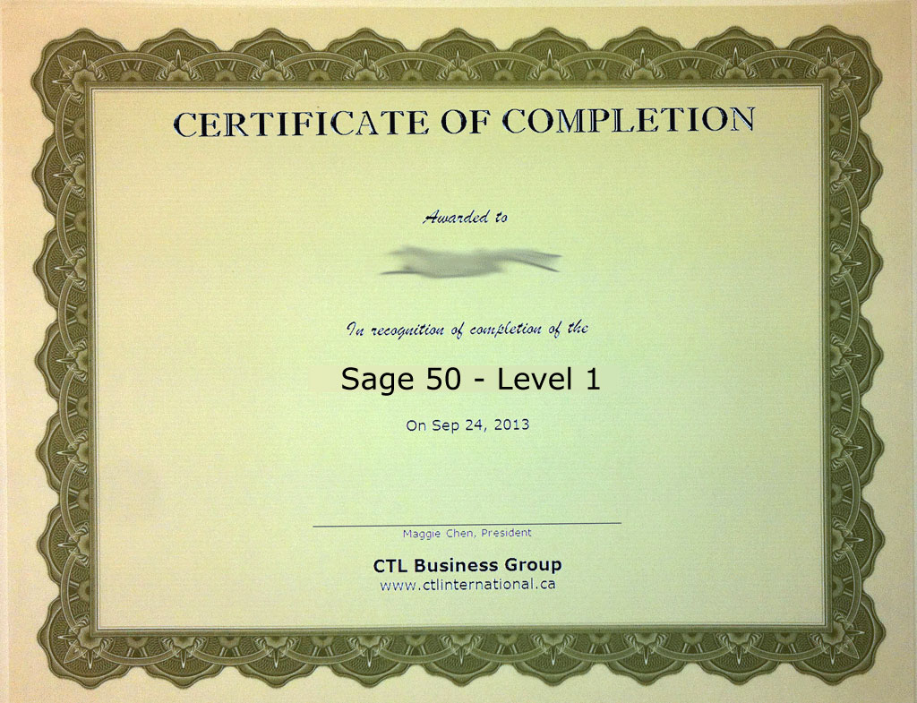 Sage 50, Level 1 Training Certificate